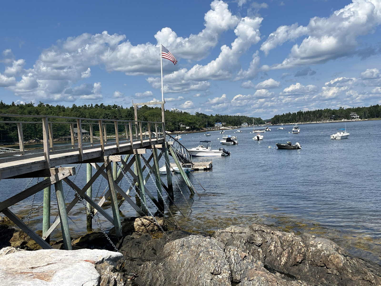 Wooden dock with American flag overlooking moored boats